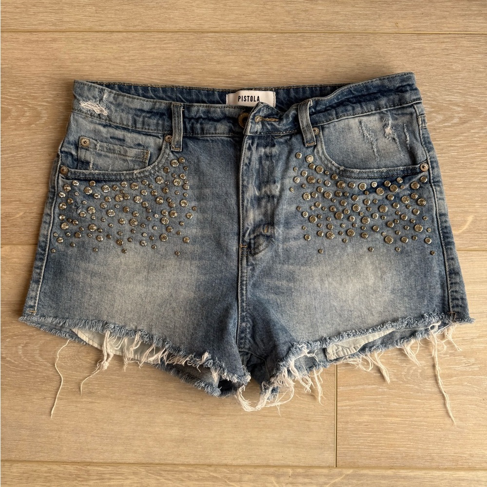 $158 PISTOLA DENIM Rhinestone Crystal Studded Cut Off Jean Shorts 29 Revolve
